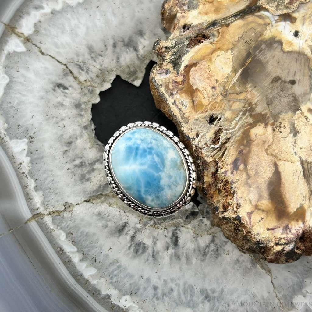 Sterling Silver Southwestern Style Oval Larimar Decorated Bar Ring Size 7 For Women