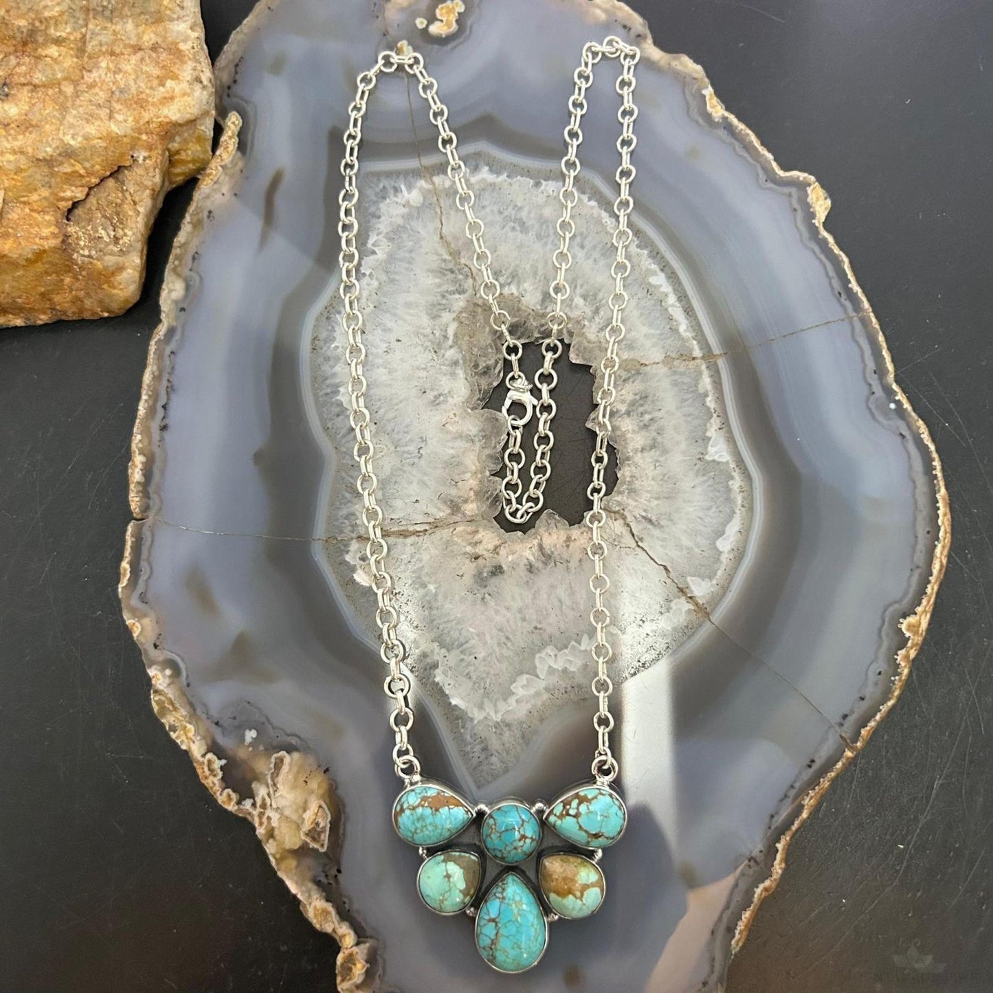 Sterling Silver Southwestern Style Turquoise #8 Cluster 19" Lariat Necklace For Women