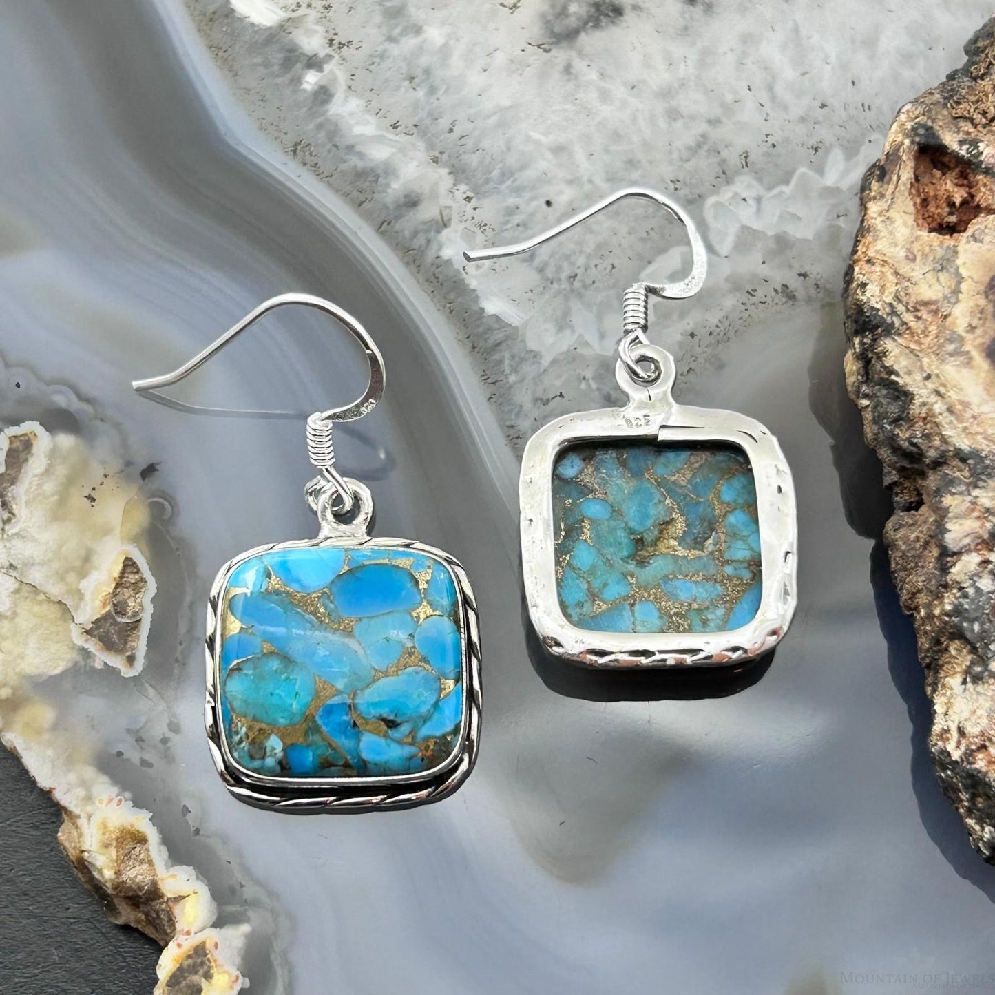 Sterling Silver Southwestern Style Blue Copper Turquoise Dangle Earrings For Women #1