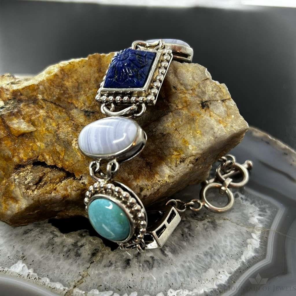 Sterling Silver Multi Shape and Stone Toggle Clasp Fashion Link Bracelet For Women