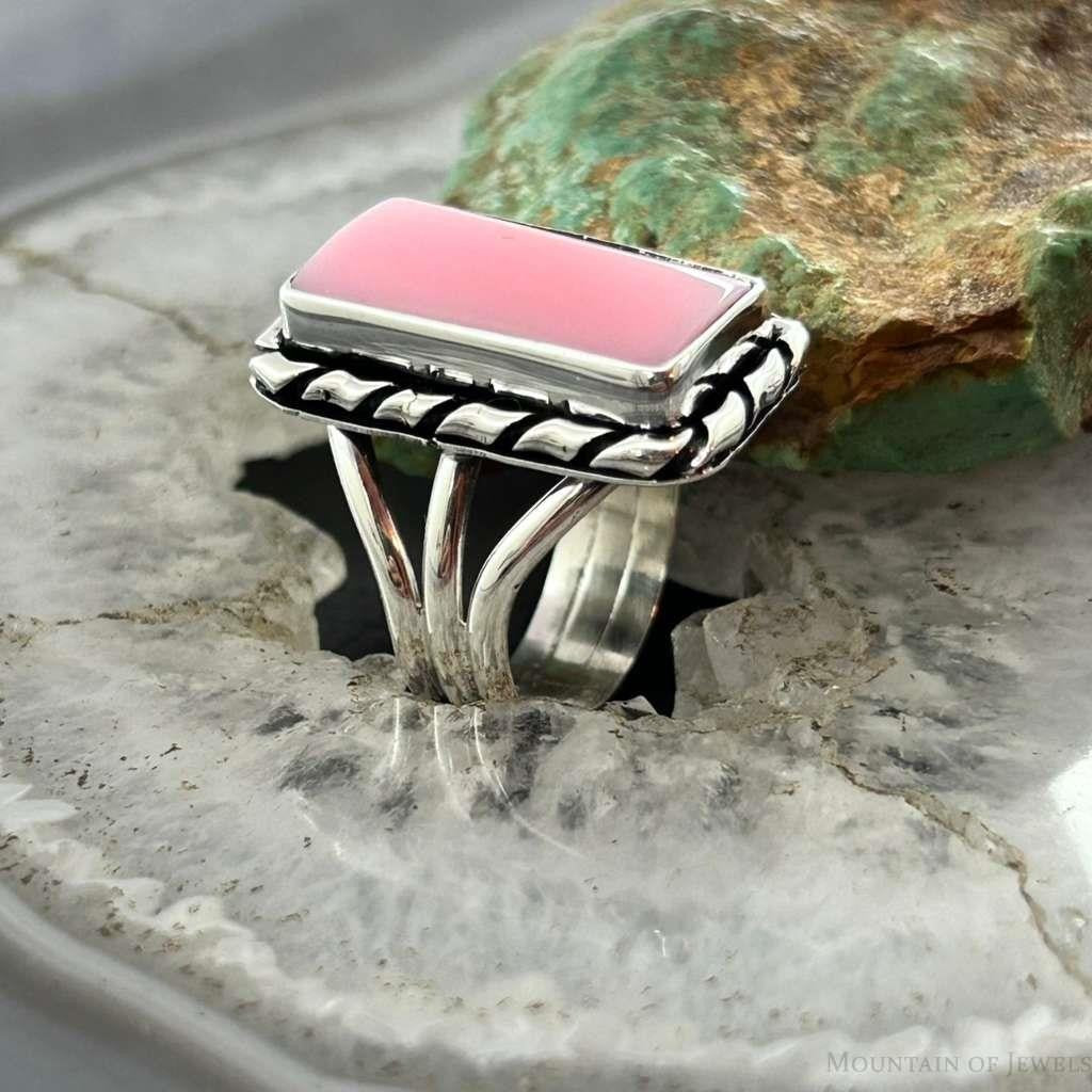 Native American Sterling Silver Rectangle Pink Conch Bar Ring Size 7.5 For Women
