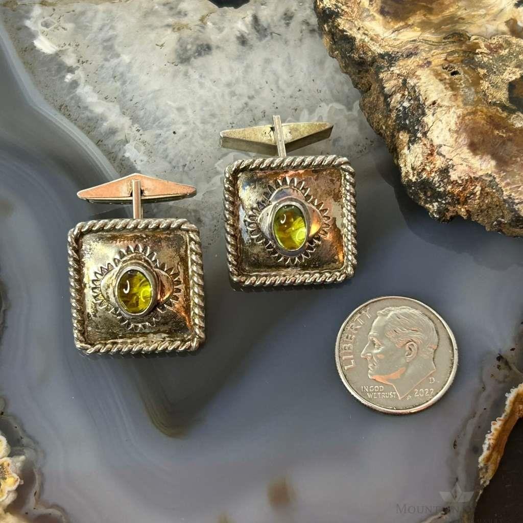 Anthony Kee Native American Sterling Silver Square Cufflinks w/Peridot For Men