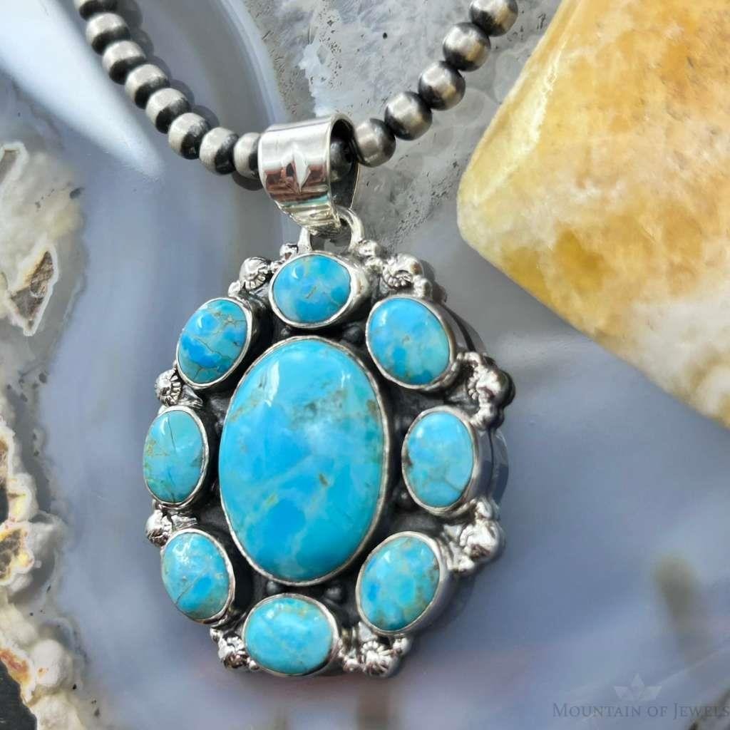 Sterling Silver Southwestern Style Mohave Turquoise Cluster Pendant For Women