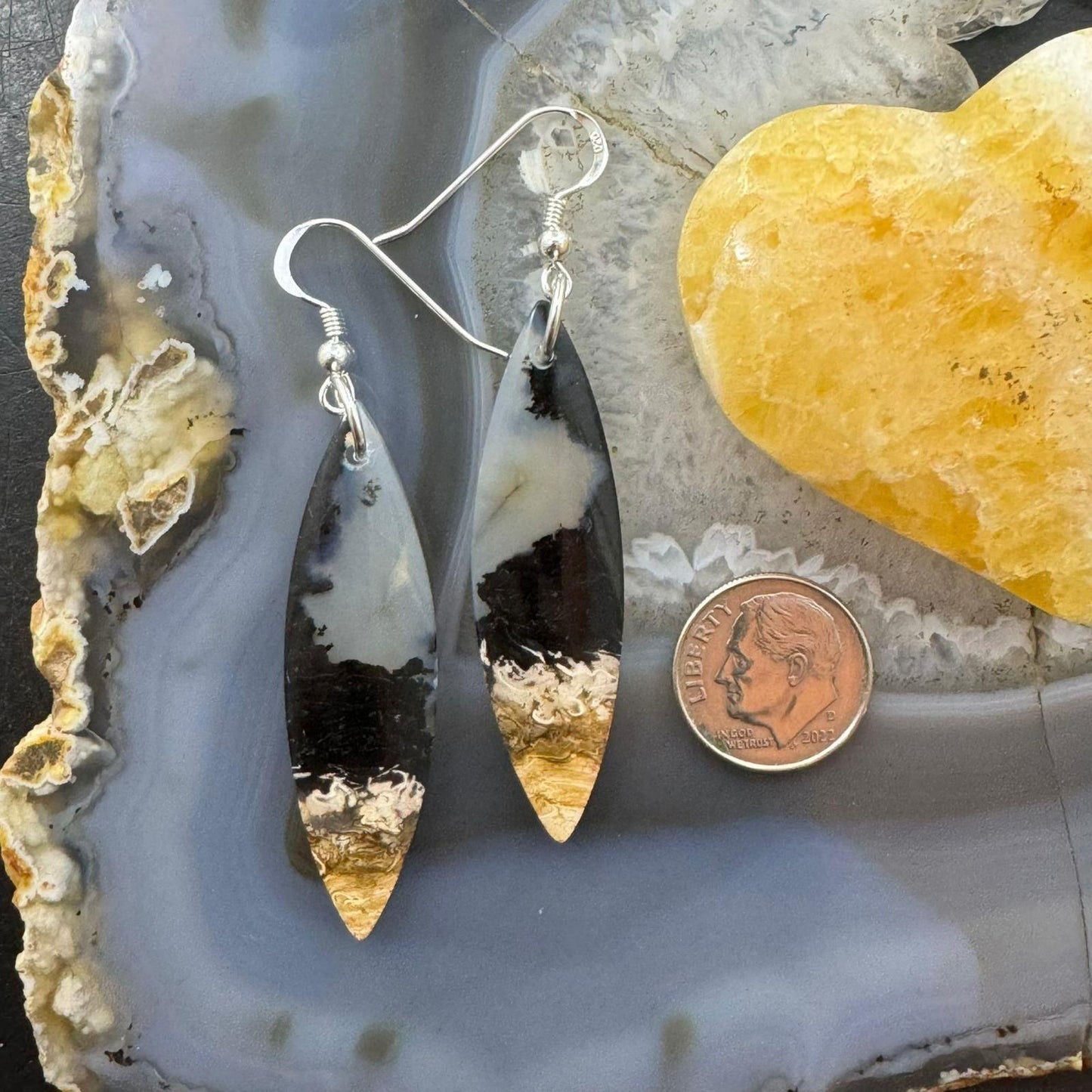 Sterling Silver Elongated Marquise Plum Root Jasper Slab Dangle Earrings For Women #201