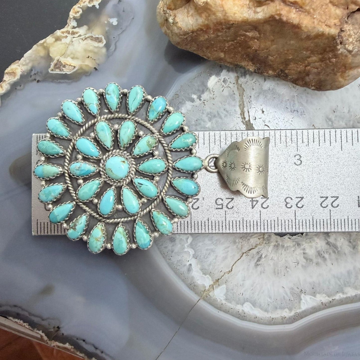 Sterling Silver Southwestern Style Teardrop Blue Mohave Turquoise Round Cluster Pendant