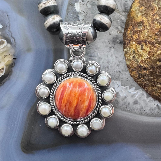 Native American Sterling Silver Spiny Oyster w/Pearls Cluster Pendant For Women