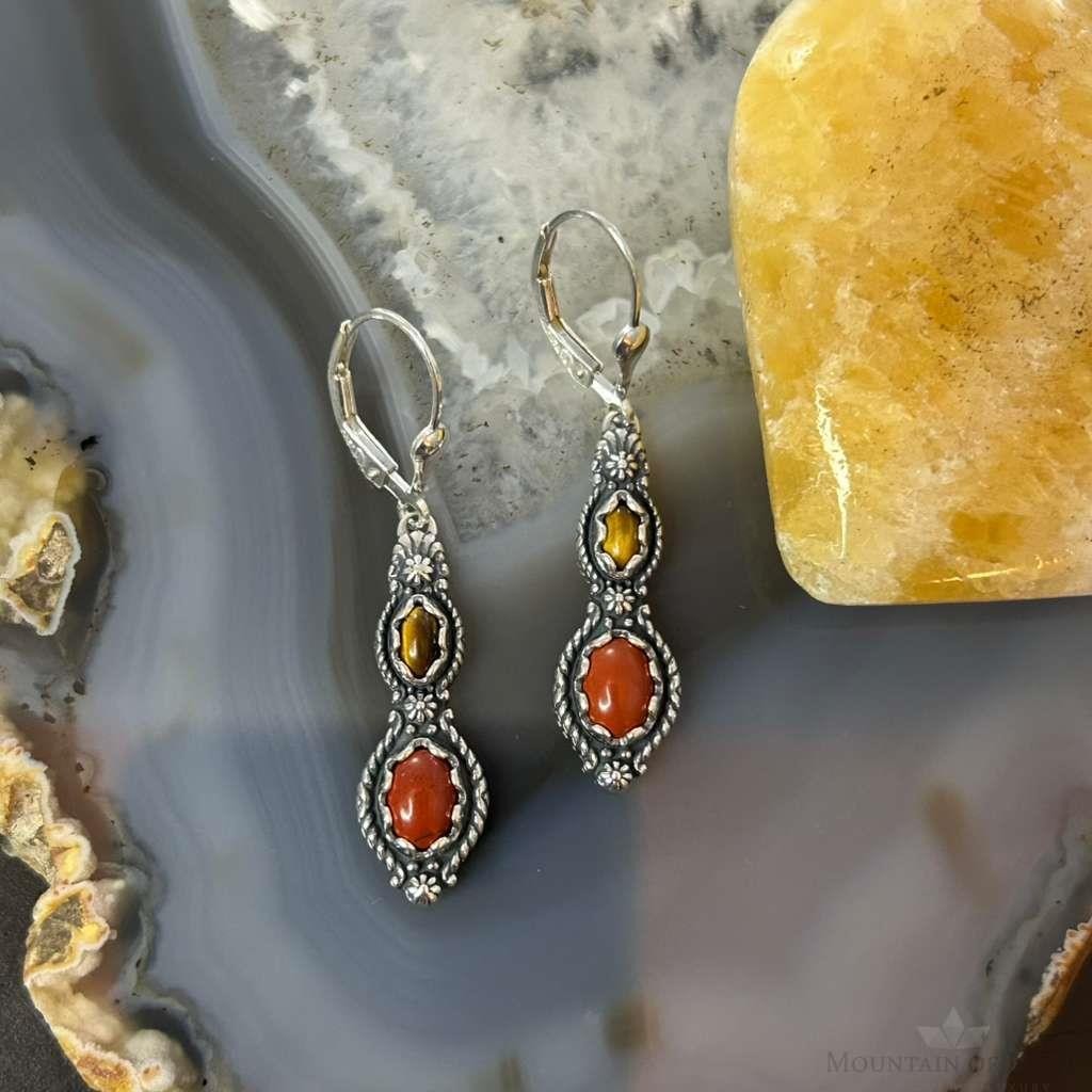 Carolyn Pollack Sterling Silver Red Jasper & Tiger's Eye Dangle Earrings For Women