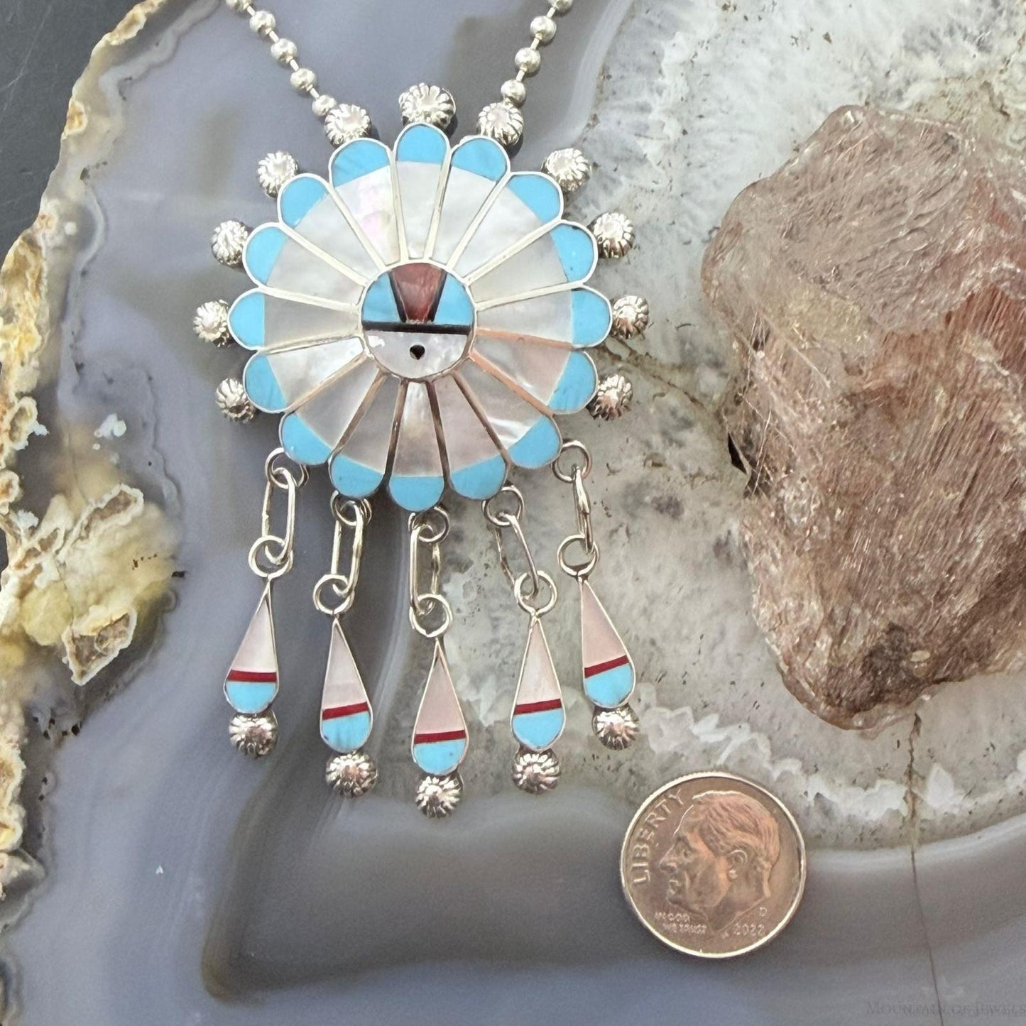 Abel Soseeah Zuni Native American Sterling Silver Inlay Sunface Pendant/Brooch For Women