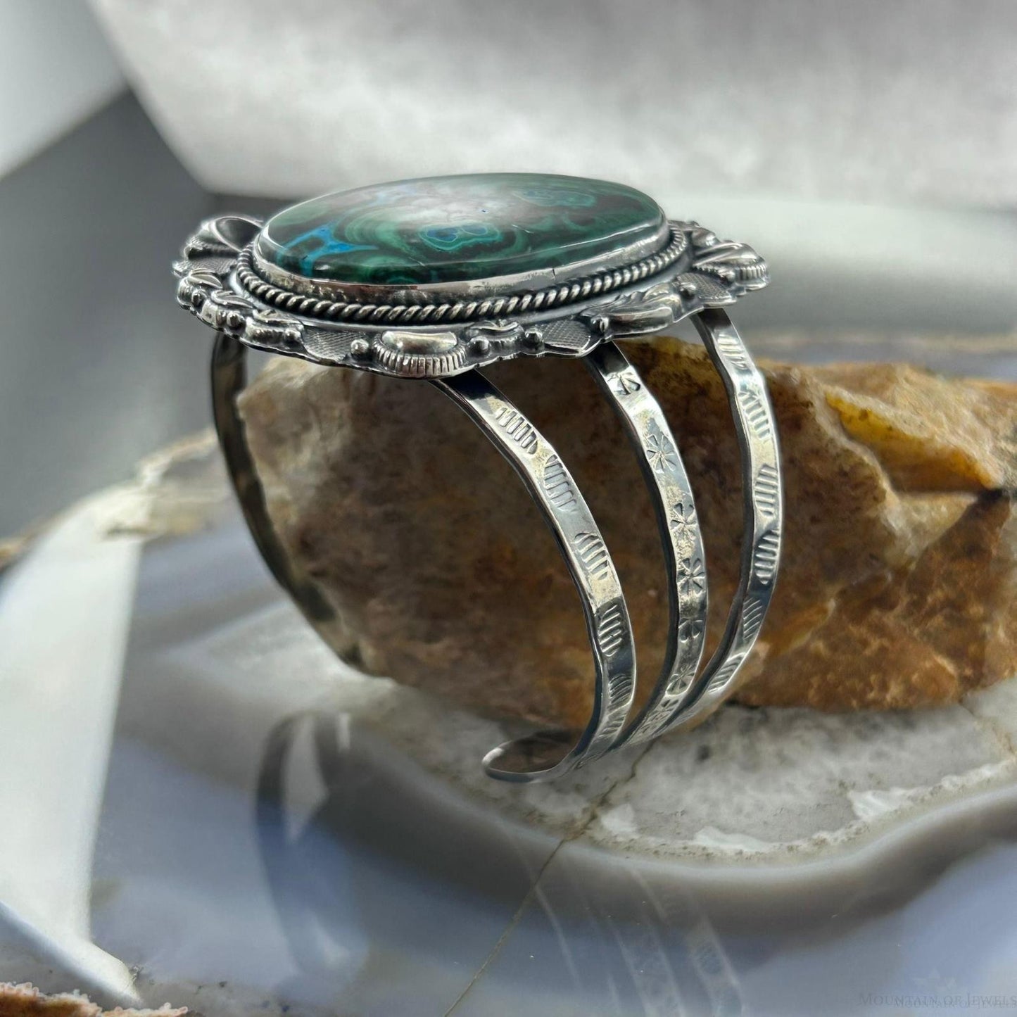 Sterling Silver Southwestern Style Large Oval Malachite Azurite Bracelet For Women