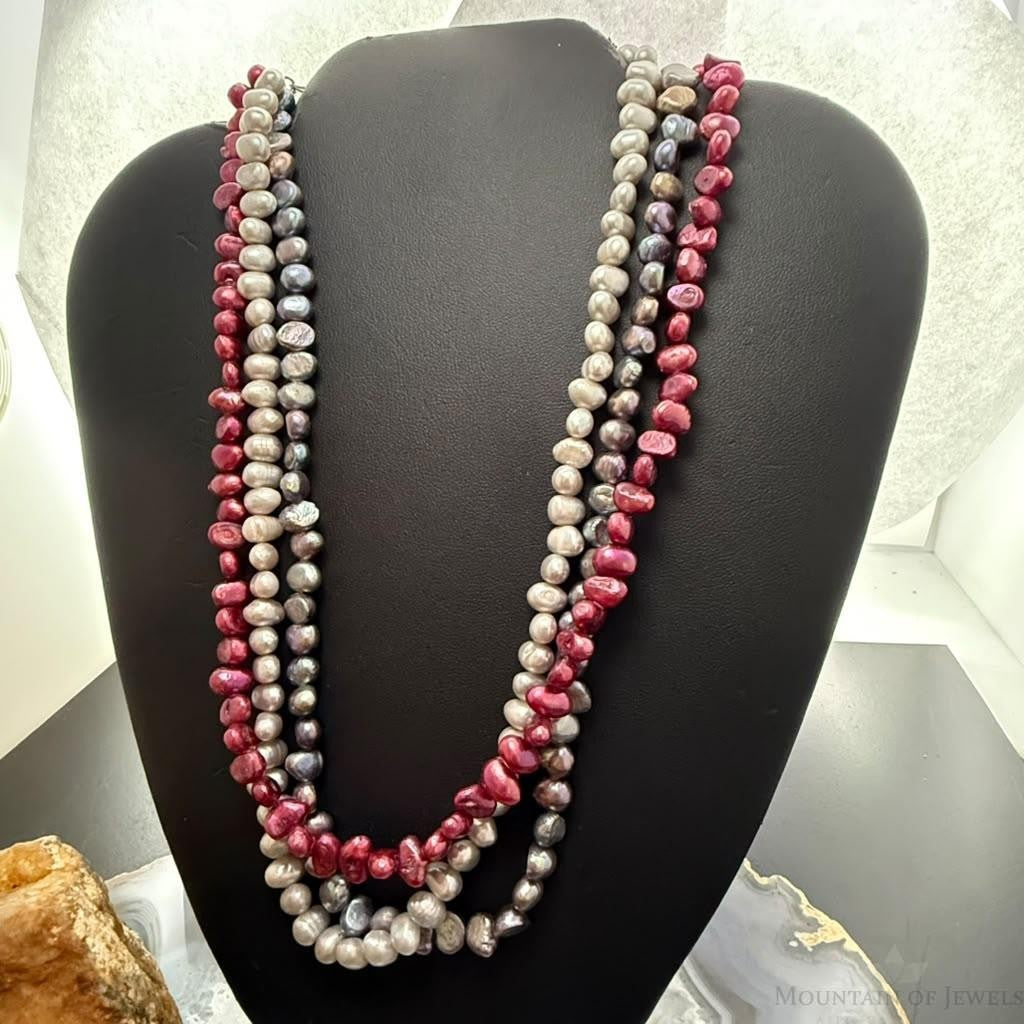 Sterling Silver 3 Strands Pink,Black,Gray Freshwater Pearl 17'-19" Necklace