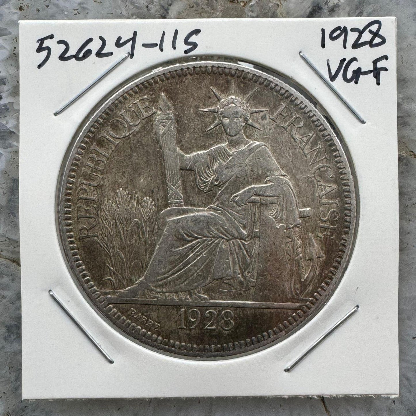 1928 France Indo-Chine Piaster De Commerce 27 gr 90% Silver Coin VG-F #52624-11S