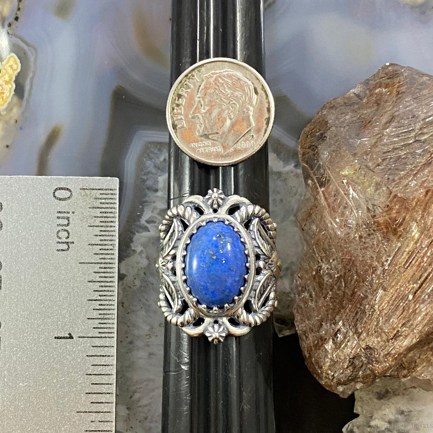 Carolyn Pollack Southwestern Style Sterling Silver Oval Denim Lapis Decorated Ring For Women