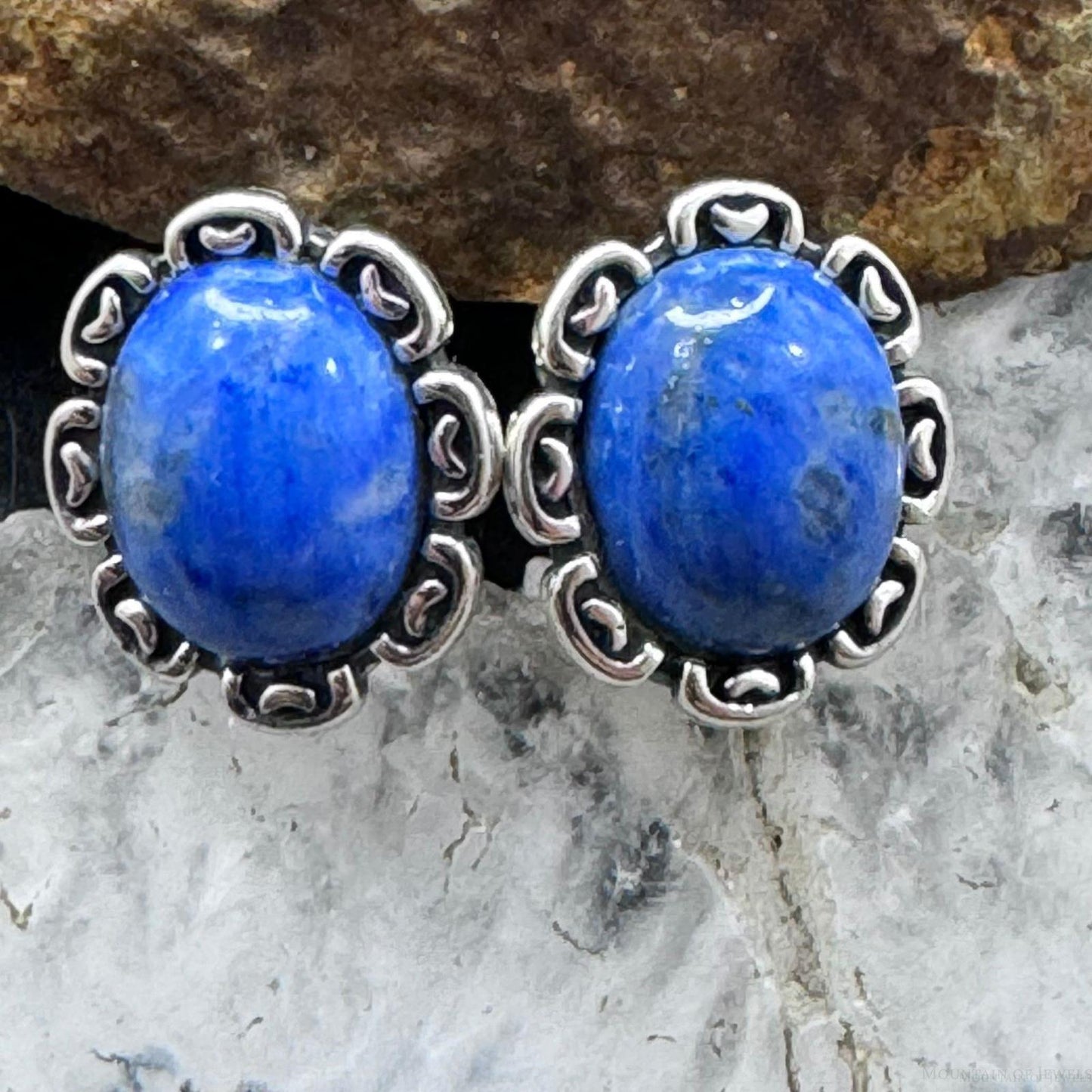 Carolyn Pollack Sterling Silver Oval Denim Lapis Decorated Stud Earrings For Women