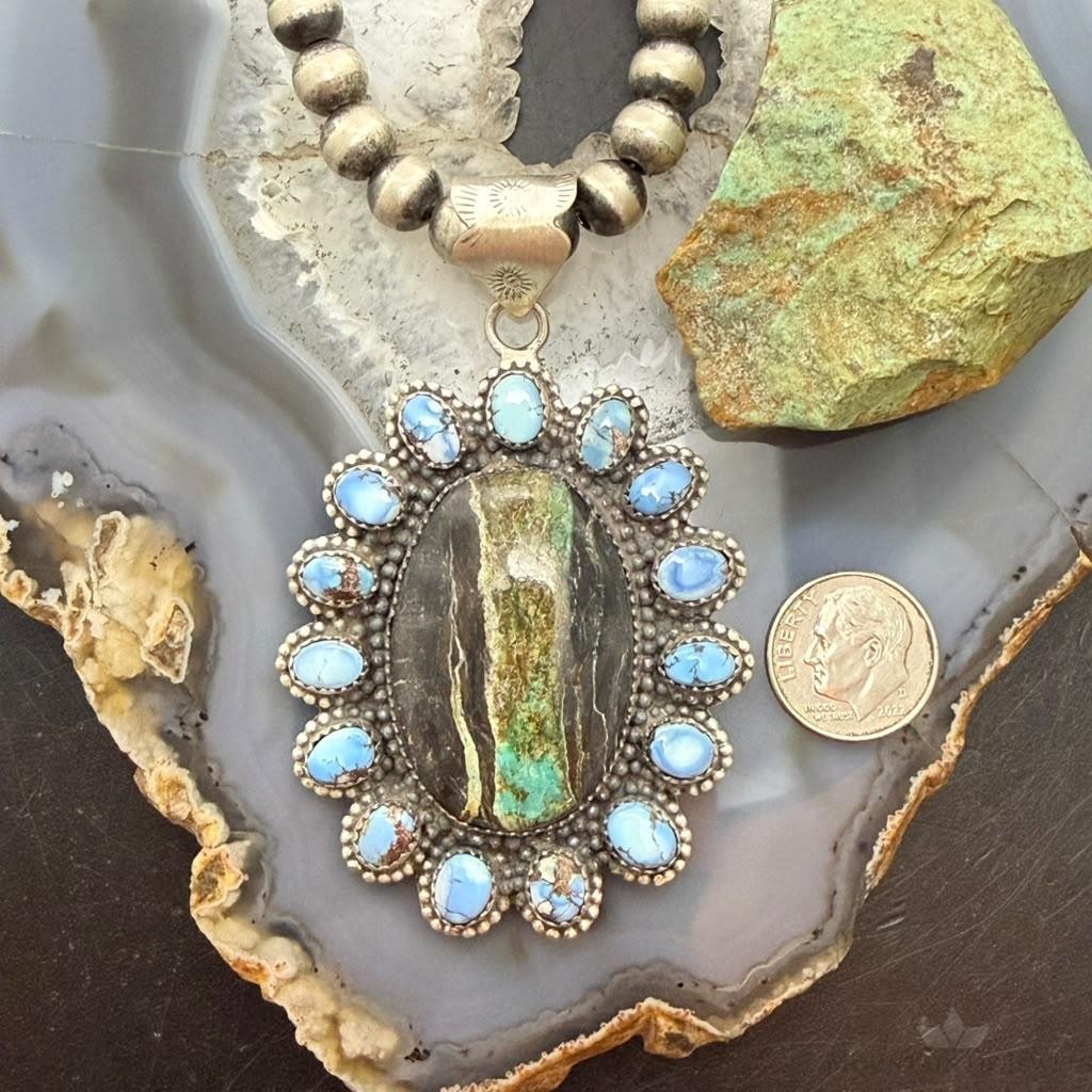 Sterling Silver Southwestern Style Blackjack &Golden Hill Turquoise Cluster Pendant For Women