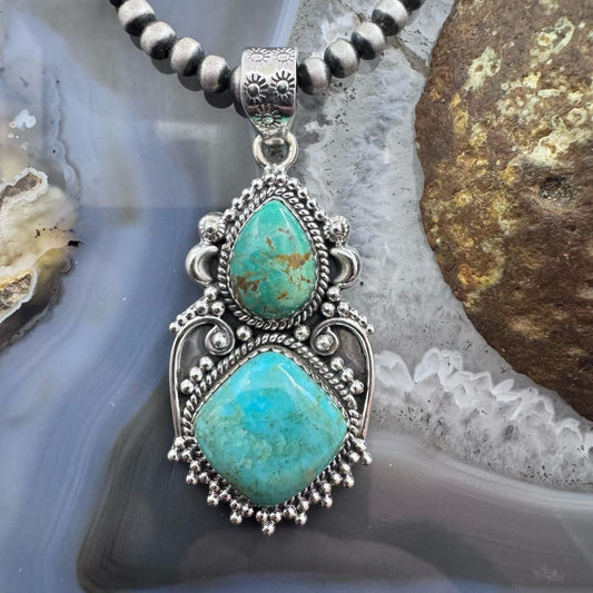 Sterling Silver Southwestern Style 2 Turquoise Decorated Large Pendant For Women
