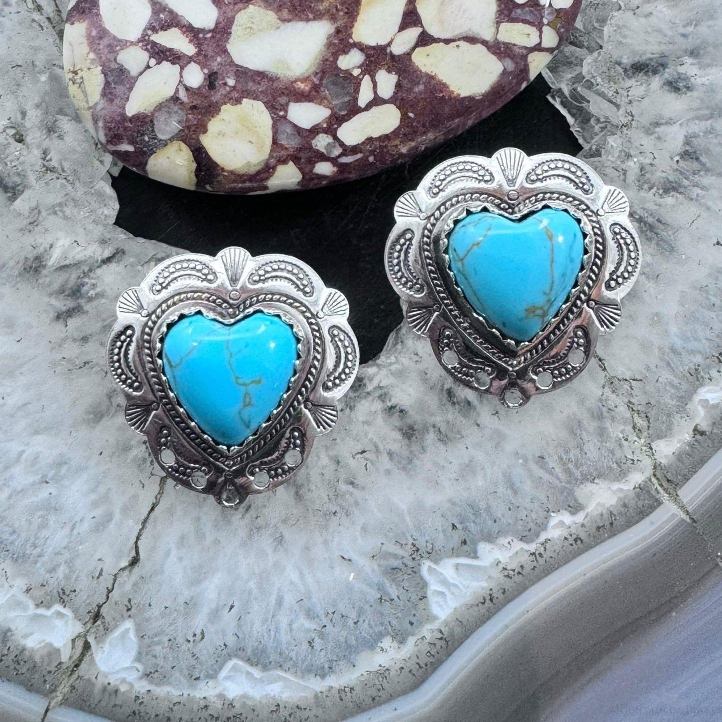 Native American Sterling Silver Turquoise Heart Stud Earrings For Women