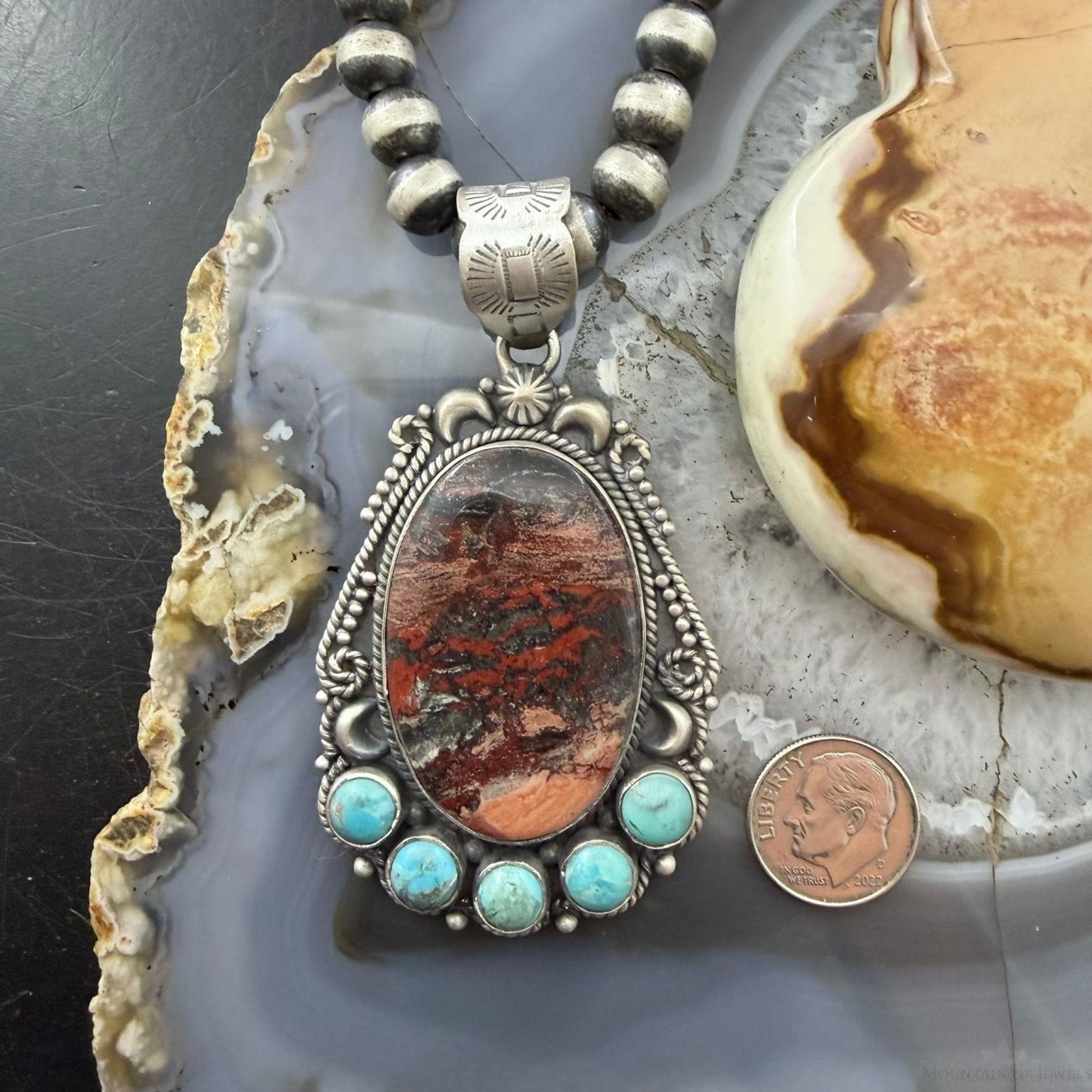 Sterling Silver Southwestern Style Oval Dendritic Jasper & Turquoise Pendant For Women
