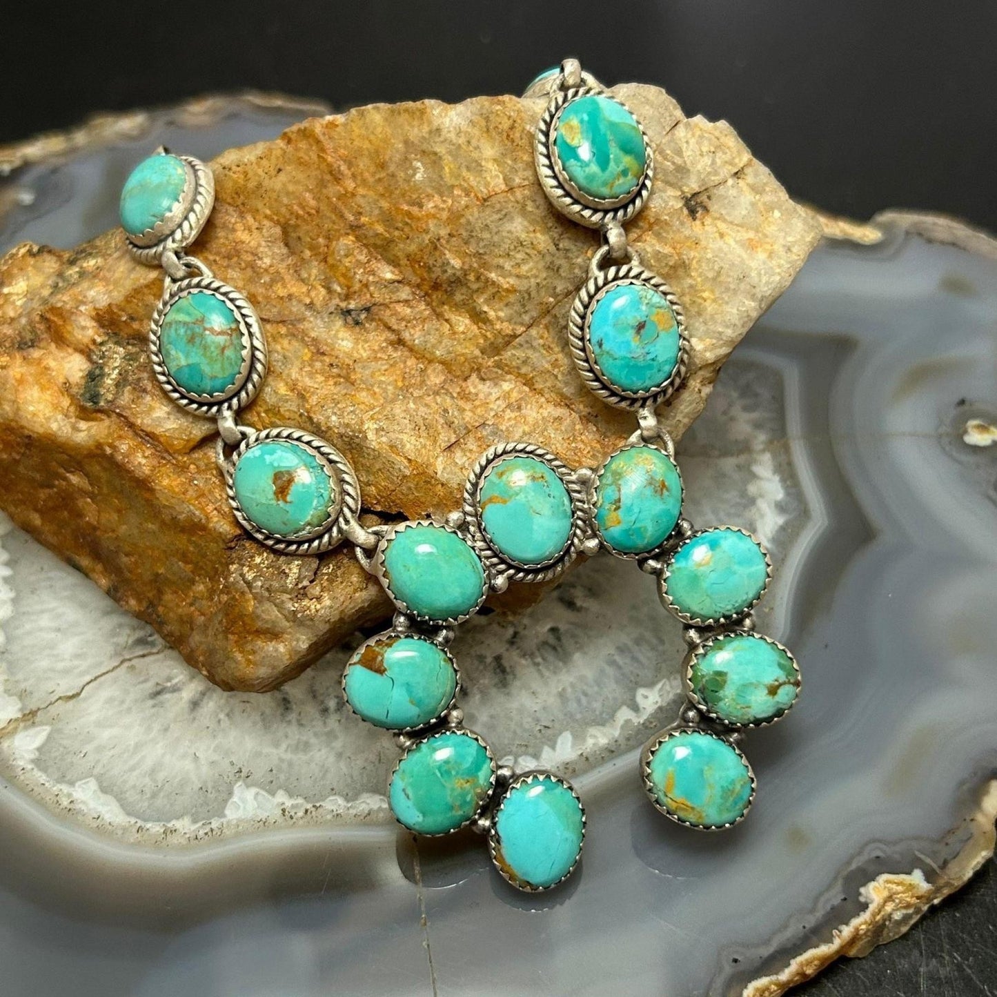 Sterling Silver Southwestern Style Mohave Turquoise Naja Necklace For Women