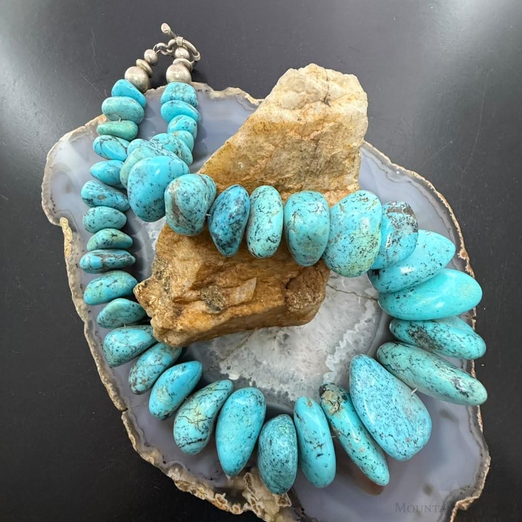 Vintage Sterling Silver Native American Natural Chunky Turquoise 16" Necklace For Women