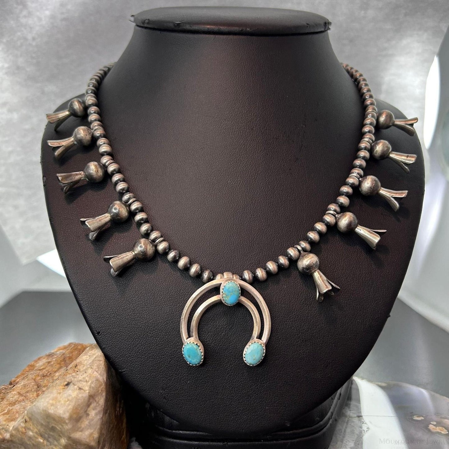 Sterling Silver Southwestern Style Naja w/Turquoise Squash Blossom 18"-20" Necklace For Women