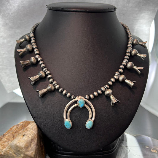 Sterling Silver Southwestern Style Naja w/Turquoise Squash Blossom 18"-20" Necklace For Women
