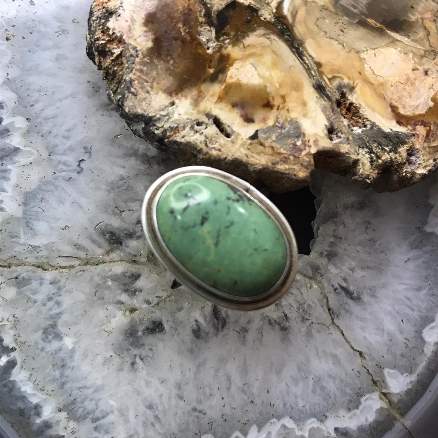 Vintage Signed Native American Sterling Silver Oval Green Turquoise Ring Size 7 For Women