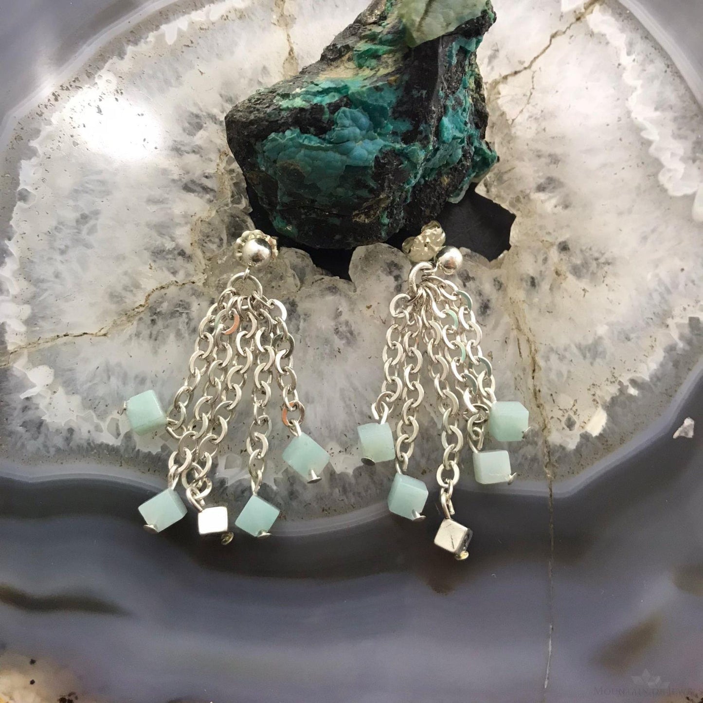 Carolyn Pollack Sterling Silver Tiny Amazonite Cube Bead Chandelier Dangle Earrings For Women