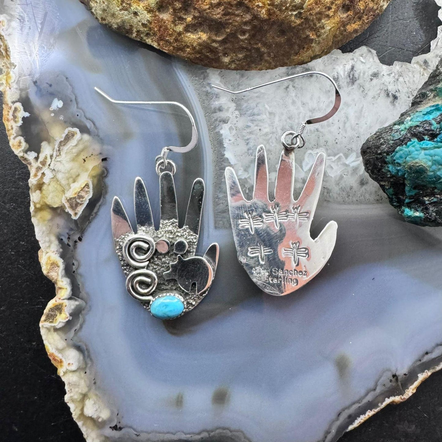 Alex Sanchez Sterling Silver Ancestors Hand Petroglyph W/Turquoise Dangle Earrings For Women #2