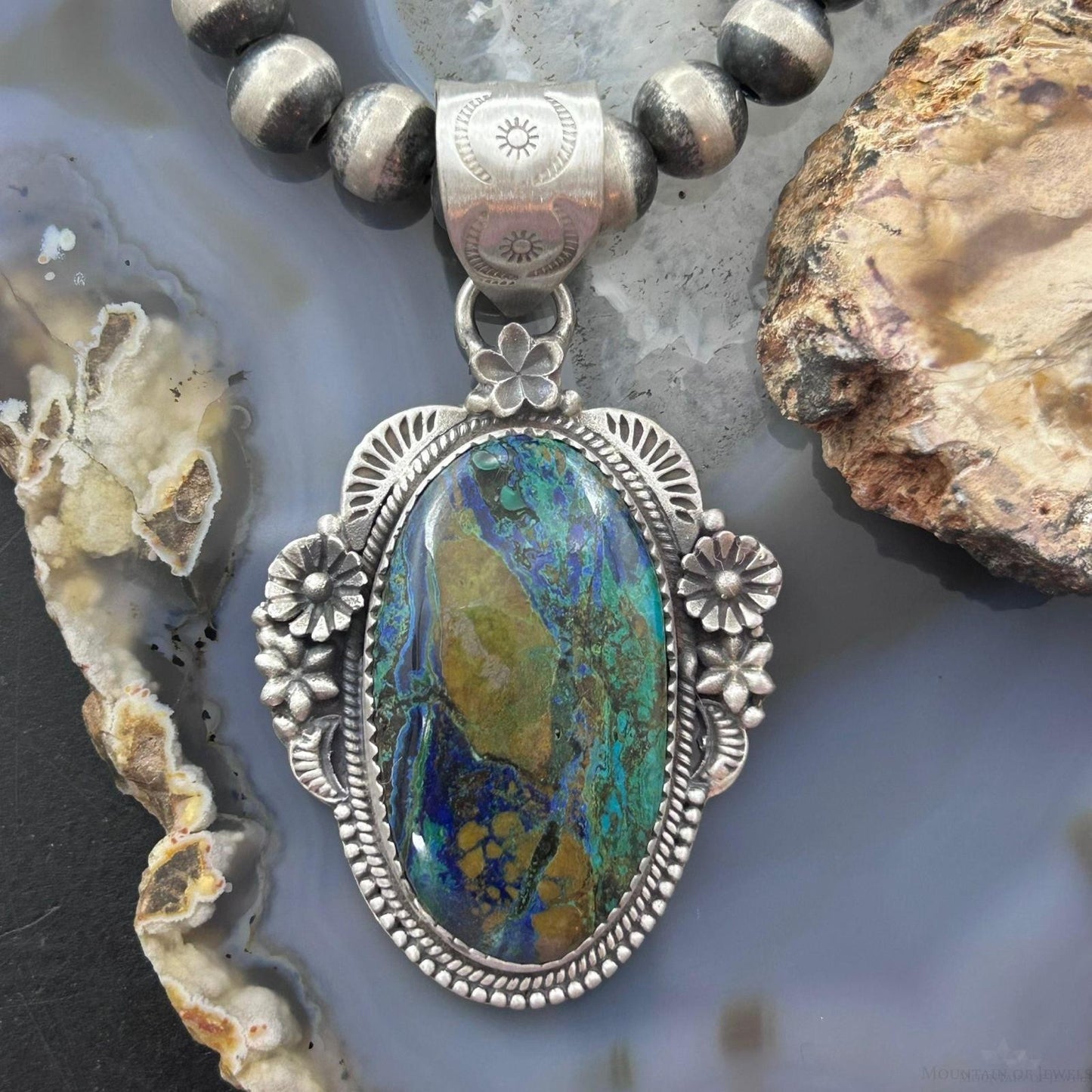 Sterling Silver Southwestern Style Oval Chrysocolla Decorated Pendant For Women