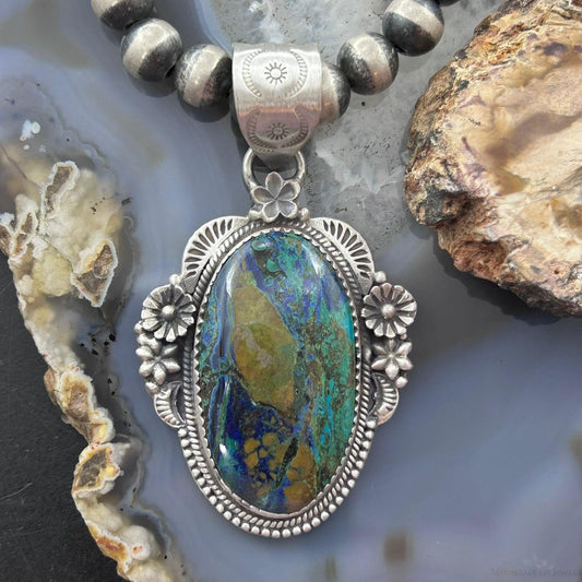 Sterling Silver Southwestern Style Oval Chrysocolla Decorated Pendant For Women