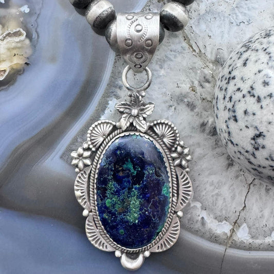 Sterling Silver Southwestern Style Oval Chrysocolla Decorated Pendant For Women