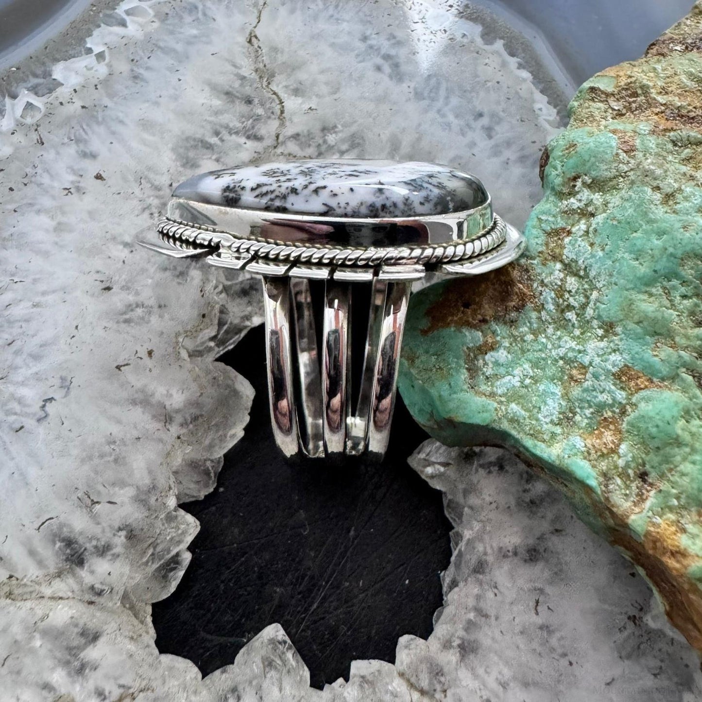 Sterling Silver Southwestern Style Large Teardrop Dendrite Agate Ring Size 8.25 For Women