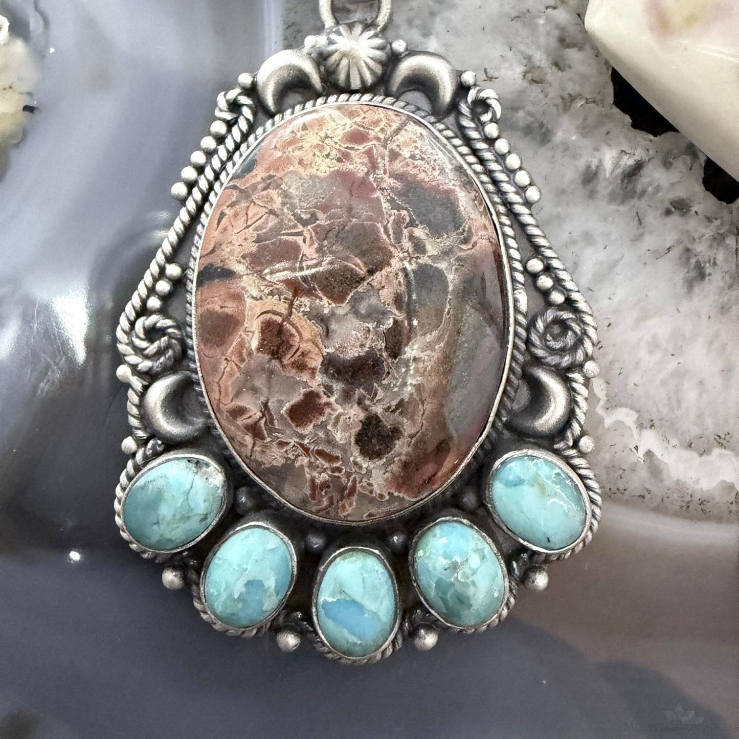 Sterling Silver Southwestern Style Oval Red Creek & Mohave Turquoise Pendant For Women