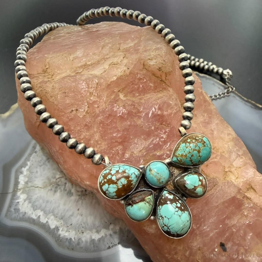 Sterling Silver Southwestern Style Turquoise #8 Navajo Pearl Beads Necklace For Women
