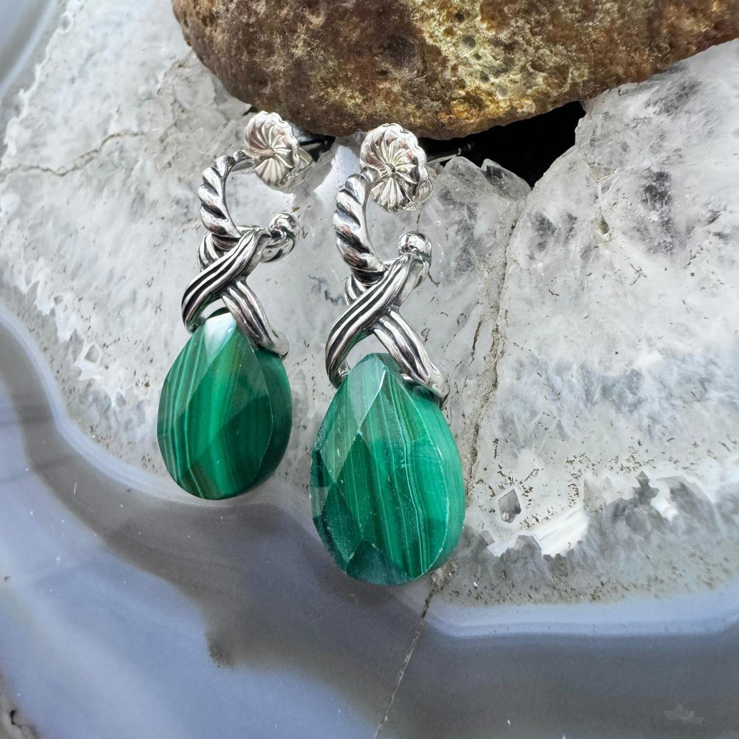 Carolyn Pollack Sterling Silver Faceted Pear Malachite Dangle Earrings For Women