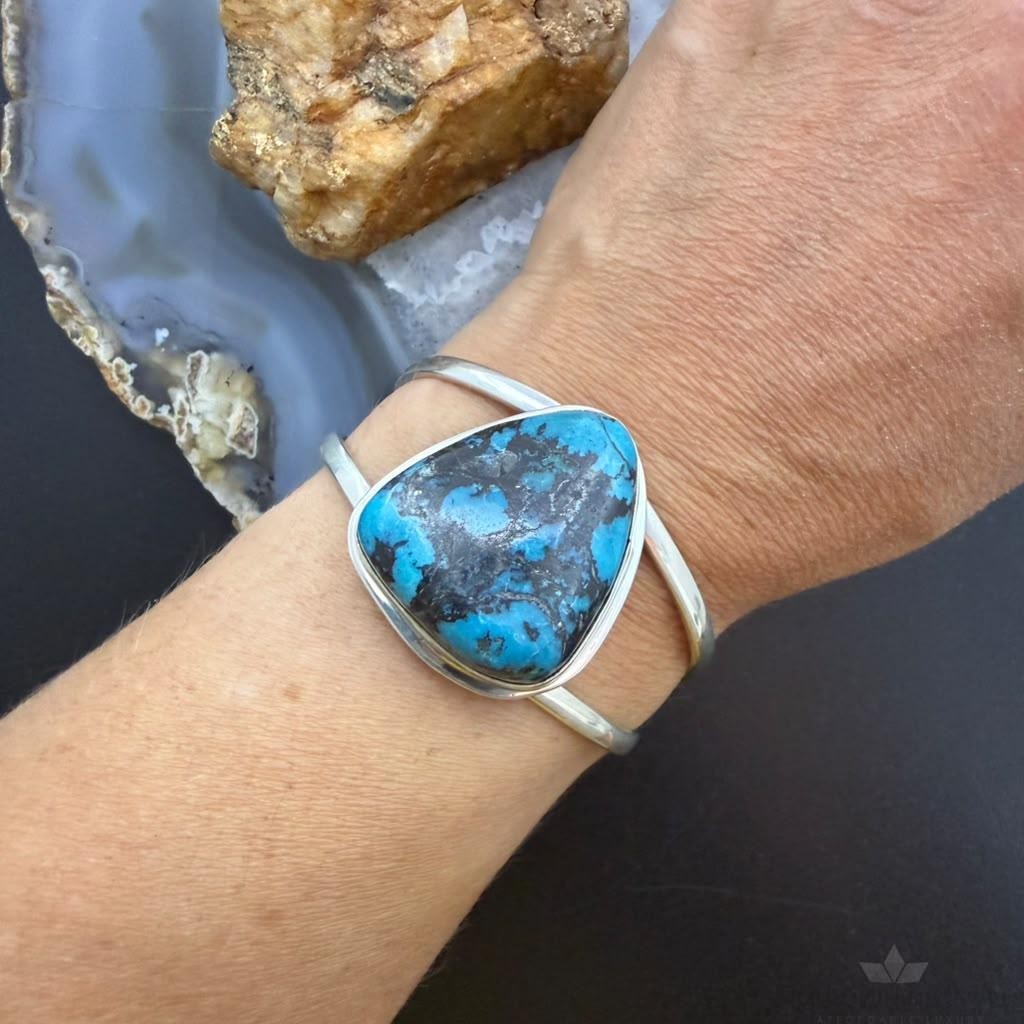 Frank Chavez Sterling Silver Native American Triangle Turquoise Bracelet For Women