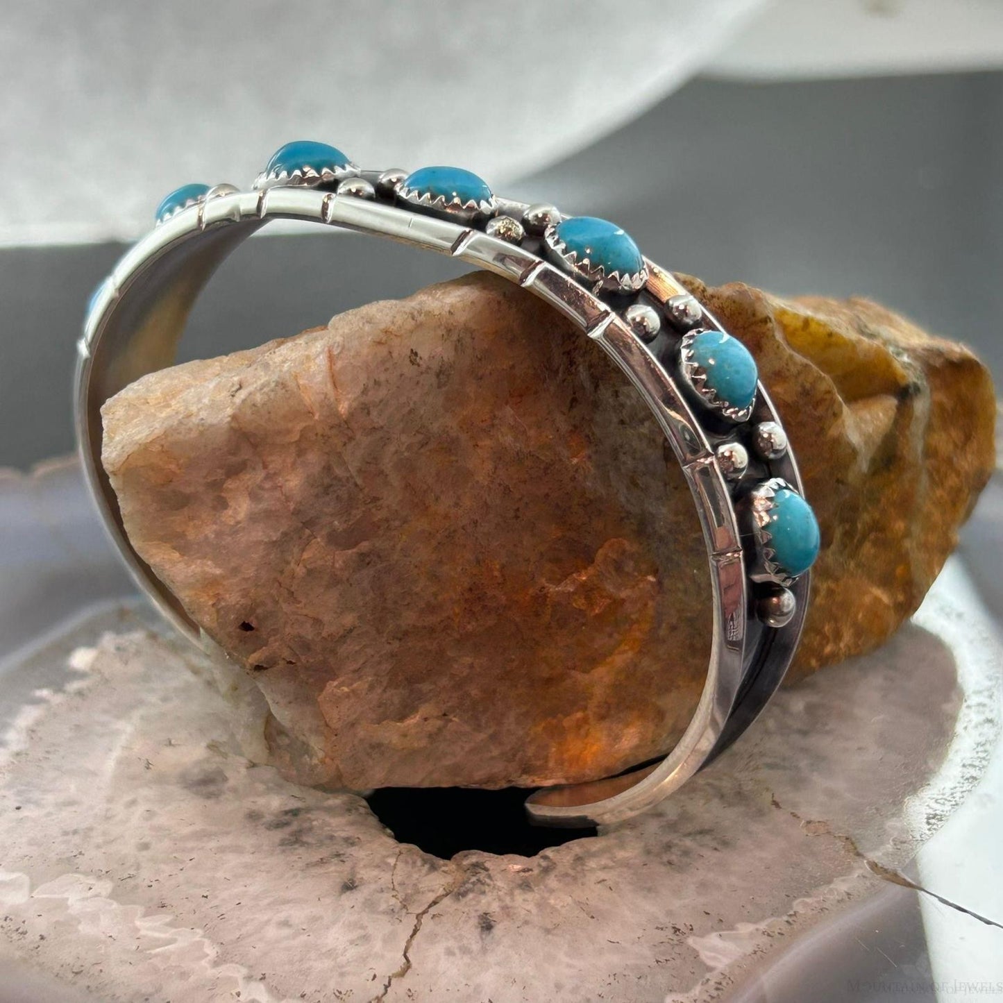 Reed Charley Native Americn Sterling Silver Turquoise Decorated Row Bracelet For Women