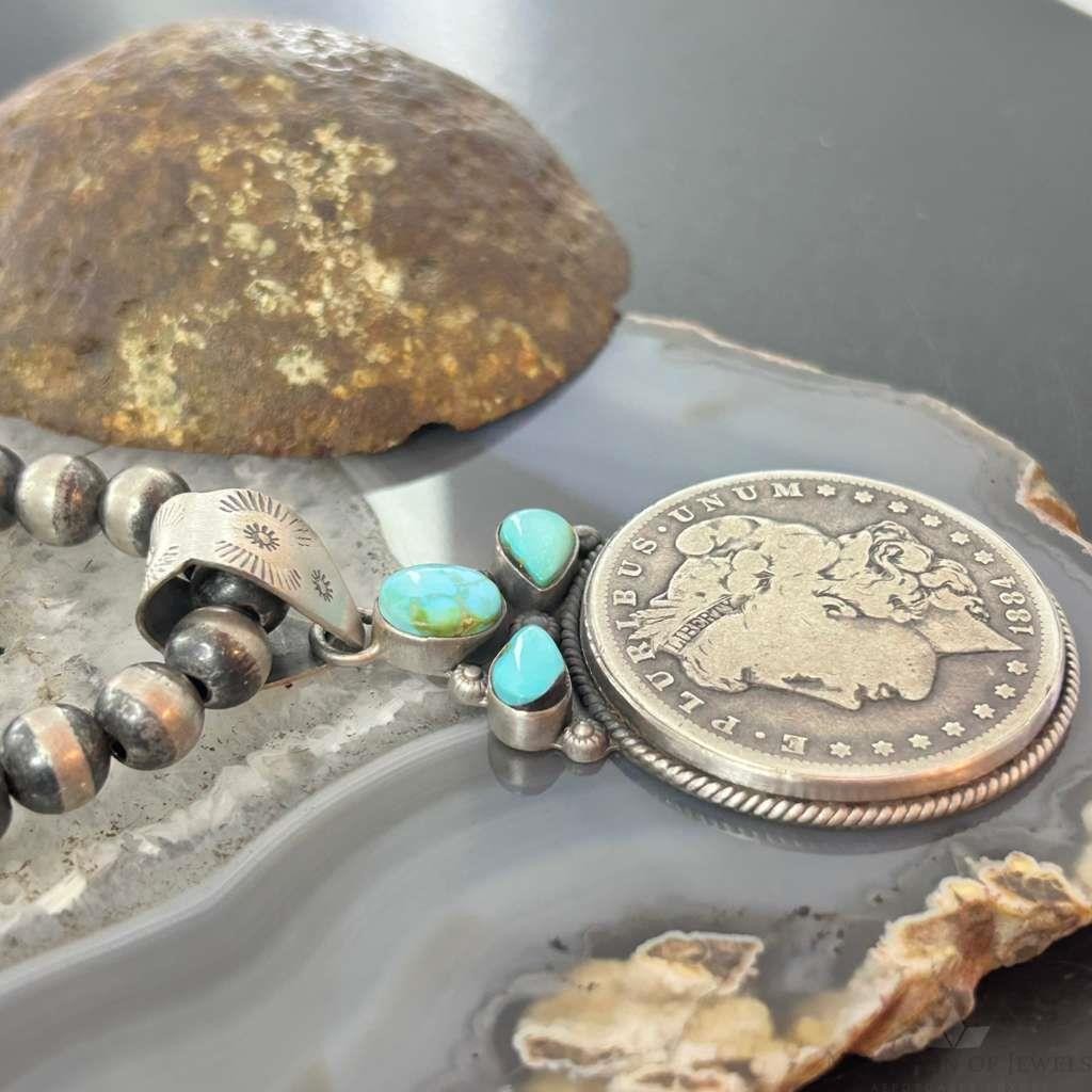 Genuine 1884 90% Morgan Silver Dollar Coin Golden Hill Turquoise Unisex Pendant