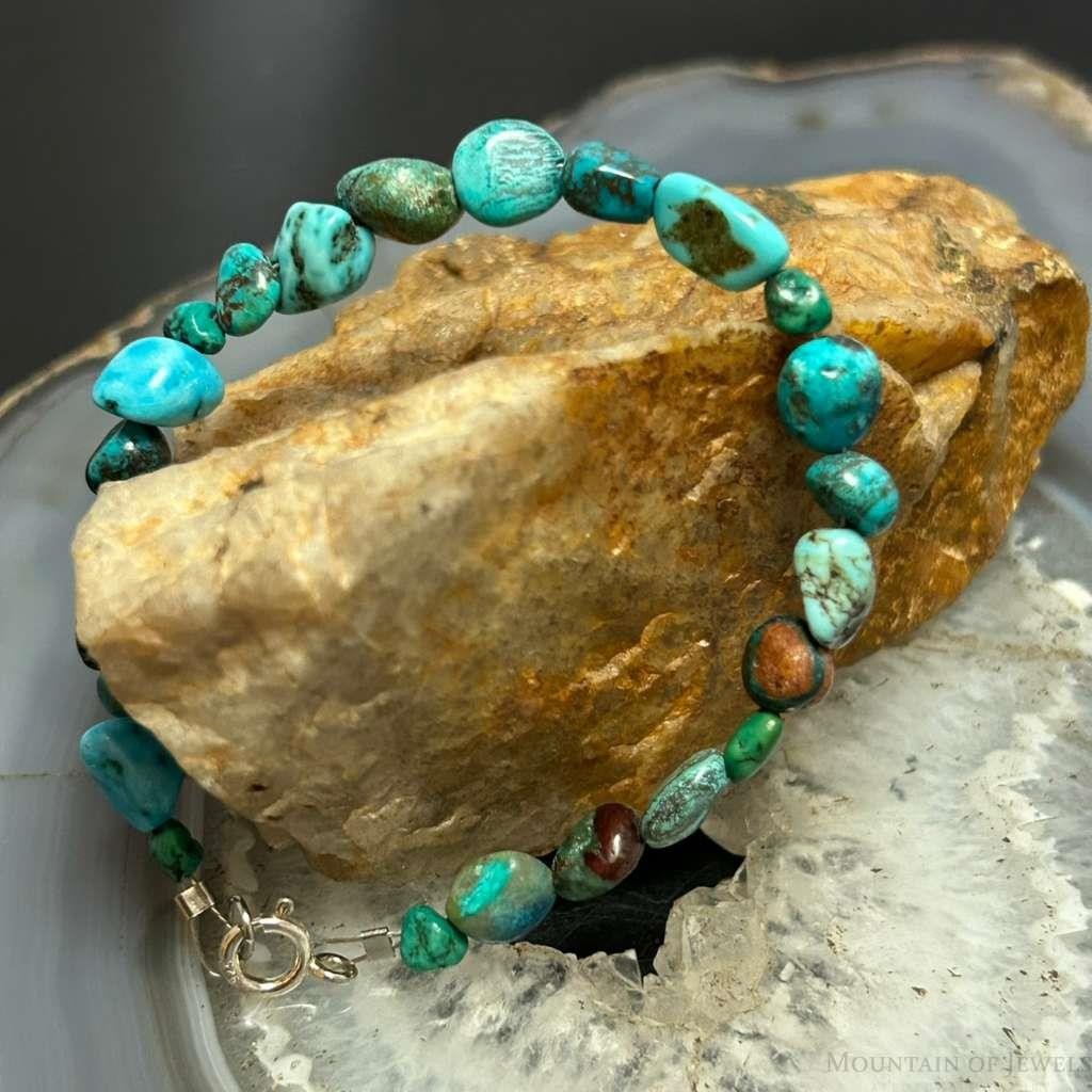 Sterling Silver Natural Turquoise Beads 7" Bracelet For Women