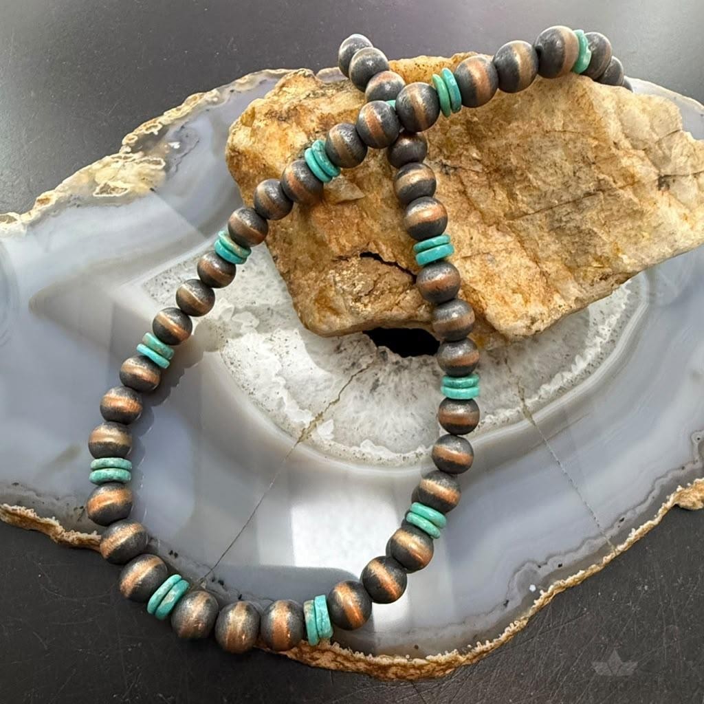 Southwestern Style Copper 8mm Navajo Pearl Beades &Turquoise Disk Necklace For Women