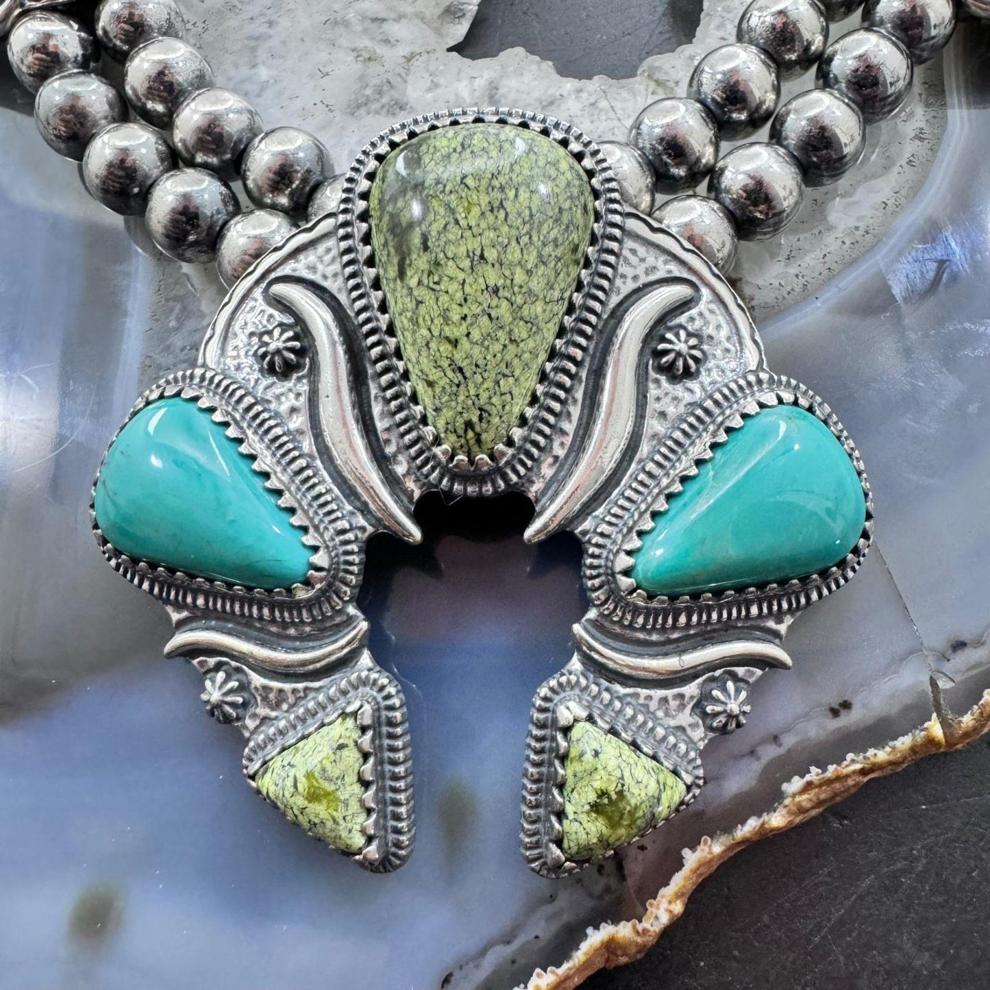 Carolyn Pollack Sterling Silver Turquoise & Serpentine Squash Blossom Necklace For Women