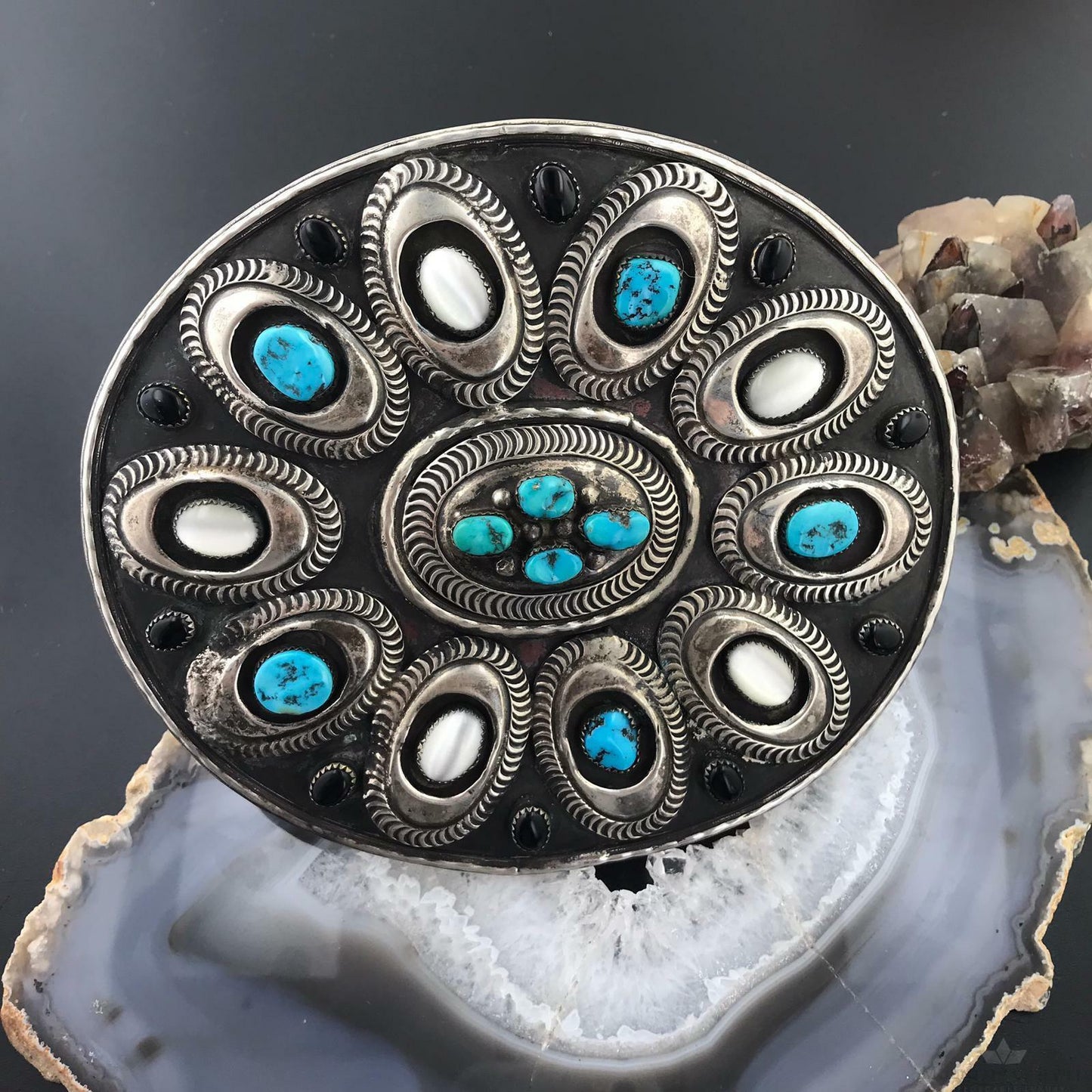 Heavy Silver Belt Buckle Turquoise Mother of Pearl and Onyx Oval Belt Buckle