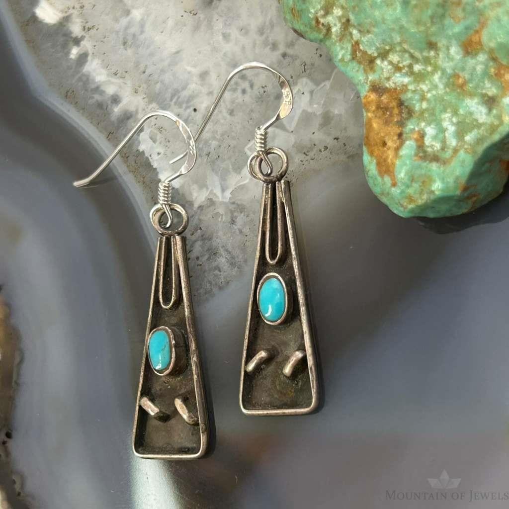Vintage Silver Native American Turquoise Triangle Dangle Earrings For Women