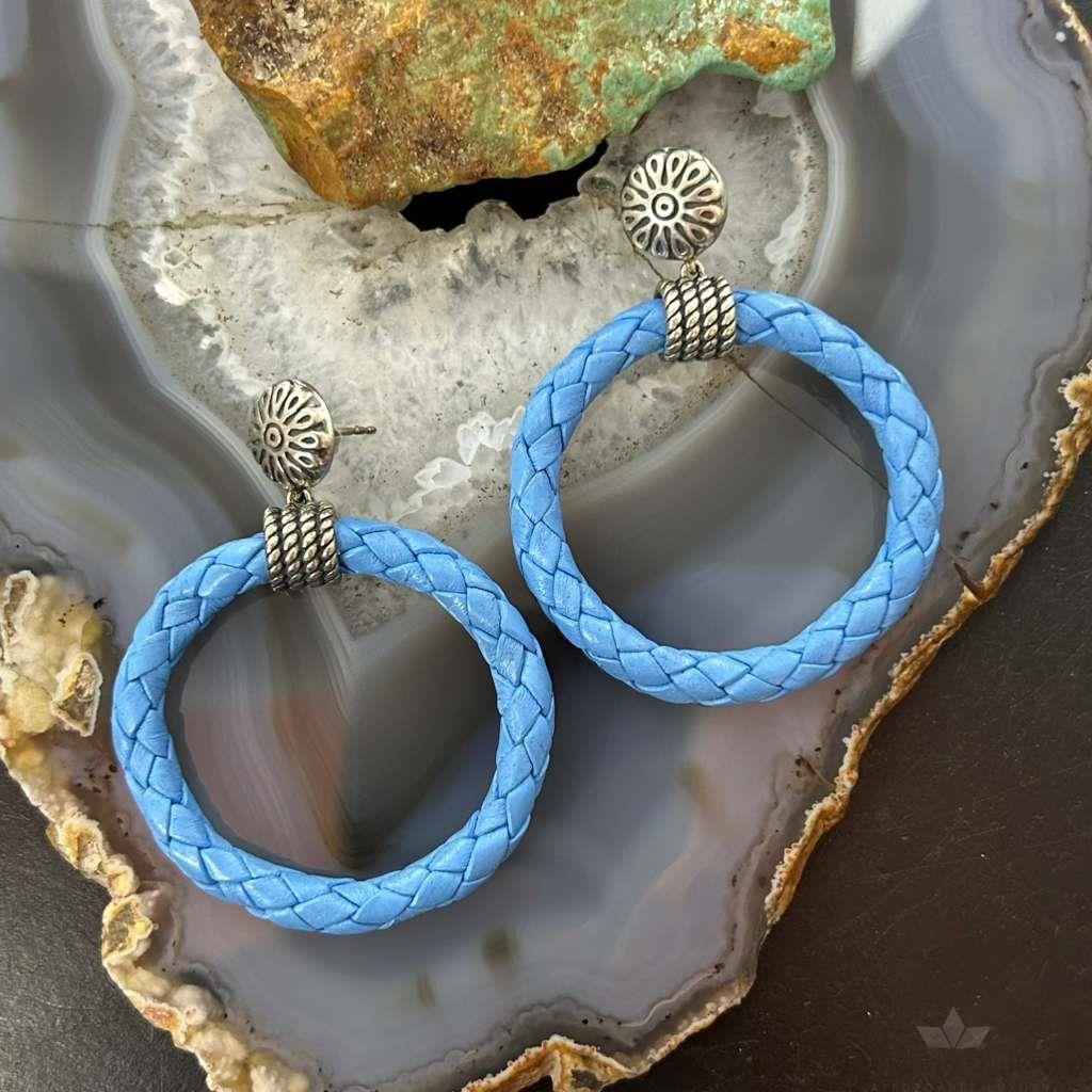 Carolyn Pollack Sterling Silver Light Blue Braided Leather Hoop Earrings For Women
