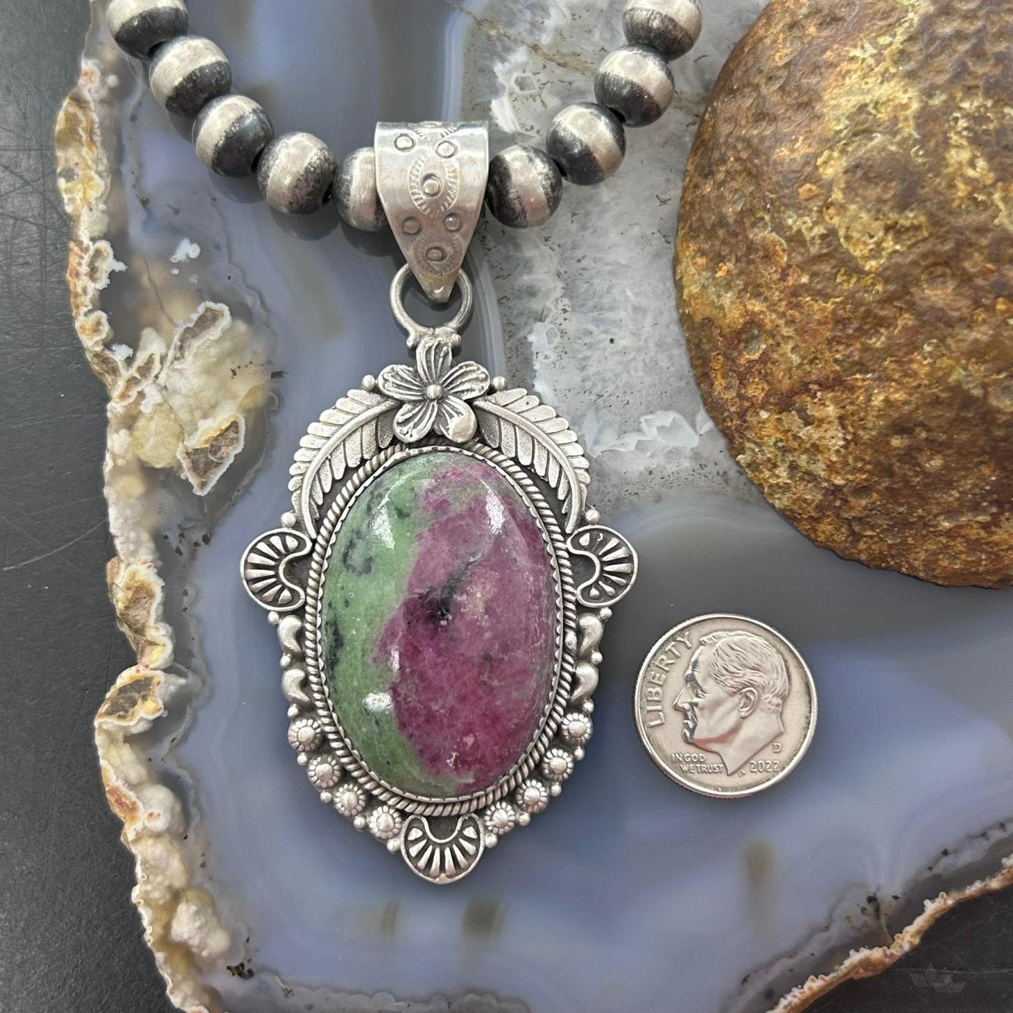 Sterling Silver Southwestern Style Oval Ruby Zoisite Pendant For Women