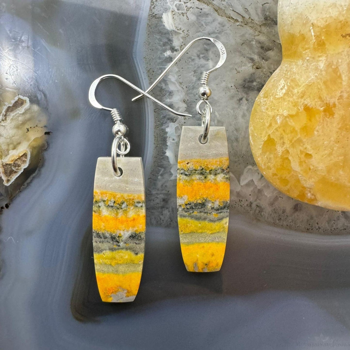 Sterling Silver Elongated Barrel Bumblebee Jasper Slab Dangle Earrings For Women #204