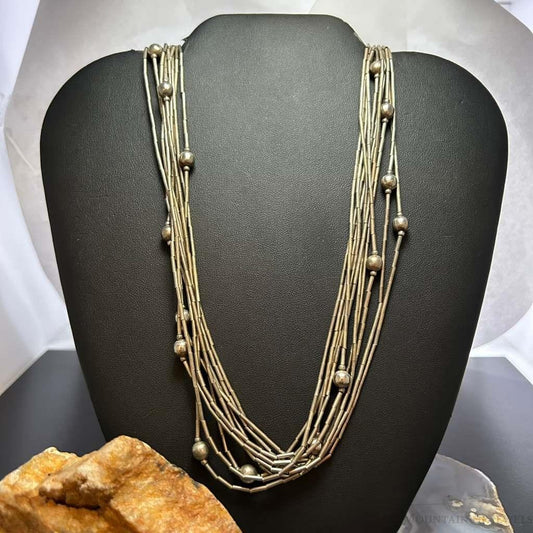 Vintage Sterling Silver 10 Strand Liquid Silver w/Beads 28" Necklace For Women