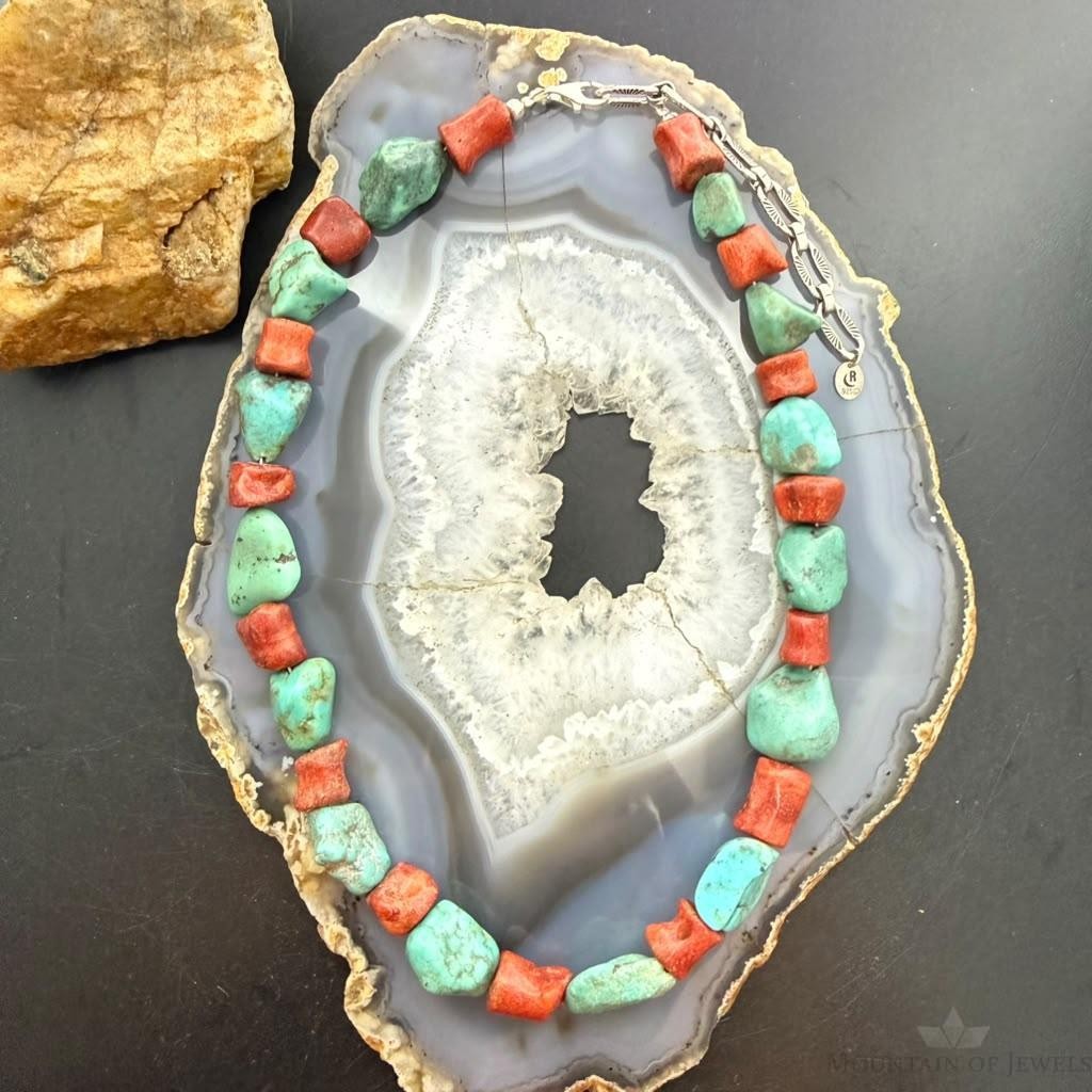 Carolyn Pollack Sterling Silver Natural Turquoise & Coral Beads 16"-18" Necklace For Women