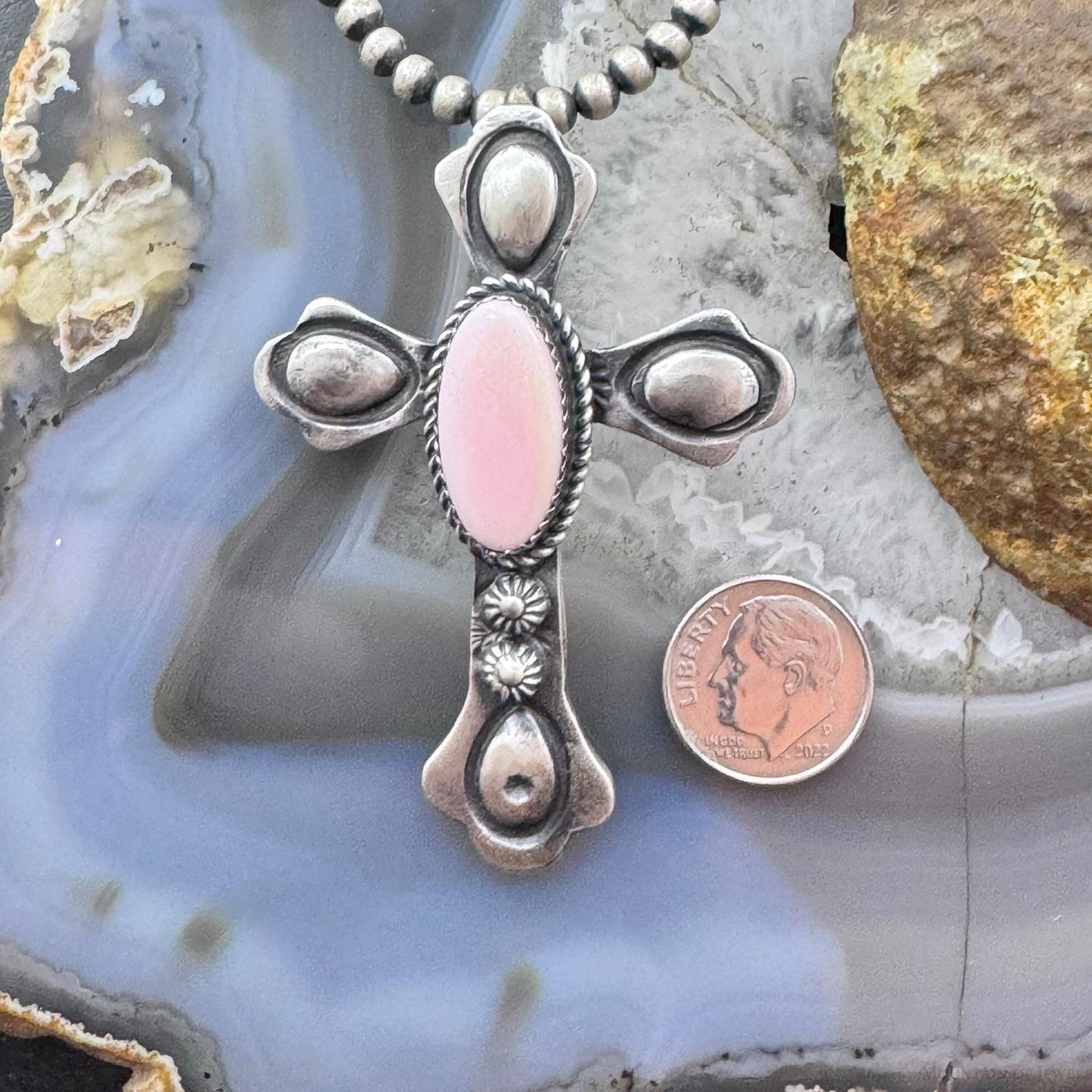 Richard Yazza Sterling Silver Oval Pink Conch Decorated Unisex Cross Pendant