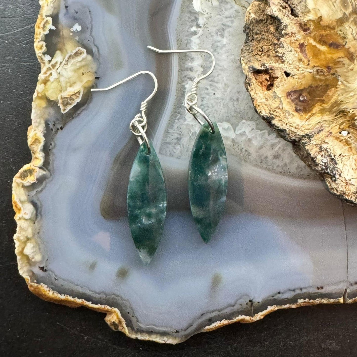 Sterling Silver Elongate Marquise Moss Agate Slab Dangle Earrings For Women #233